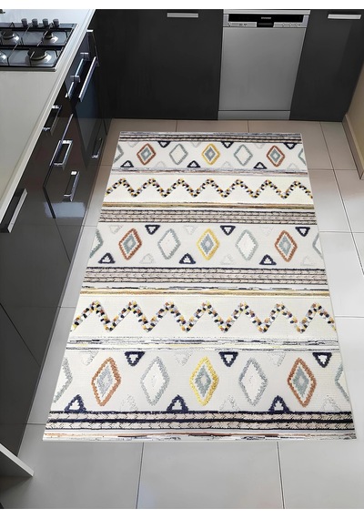 İskandinav Motifli Renkli Baklava Desen Tasarım Modern Halı Dekoratif Kilim Krem