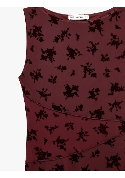 Koton Kayık Yaka Kolsuz Slim Fit Tül Elbise Kahverengi Desenli 7wal80017ık