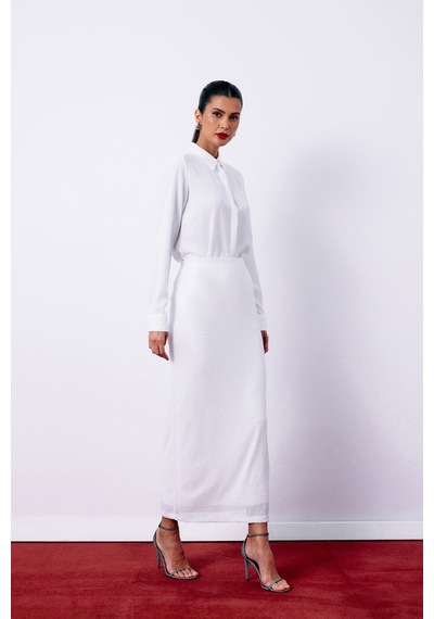 Sateen Pul Payetli Midi Etek - Ekru-135198 Ekru