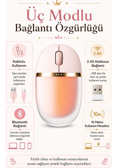 Muse Işıklı Bluetooth & 2.4g Kablosuz Oyuncu Pudra Pembe Mouse Çok Renkli Diğer