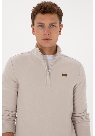 U.S. Polo Assn. Erkek Regular Fit Yarım Fermuarlı Taş Basic Sweatshirt 50313802-VR049