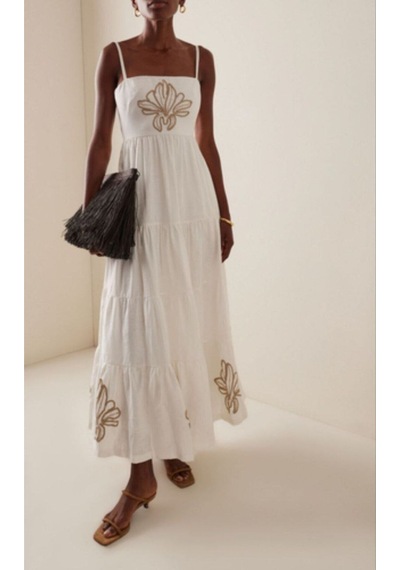 Fashion Cocktail Altın Nakış Yaprak Askılı Zarif Sahil Uzun Elbise Beyaz