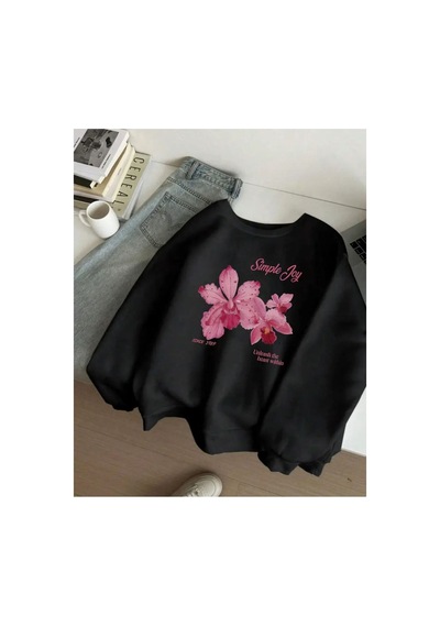Herkesemoda Simple Joy Baskılı Bisiklet Yaka İçi Polarlı Sweatshirt Siyah