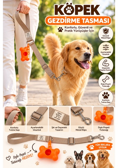 Aibar Premium Köpek Gezdirme Tasması - Dışkı Poşeti Tutacağı Hediyeli Bej