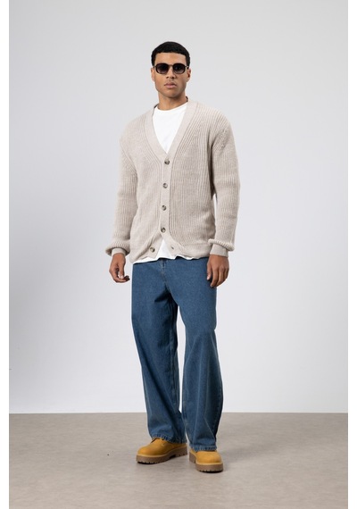 Vamos V Yaka Düğmeli Örgü Hırka Kazak Koyu Taş
