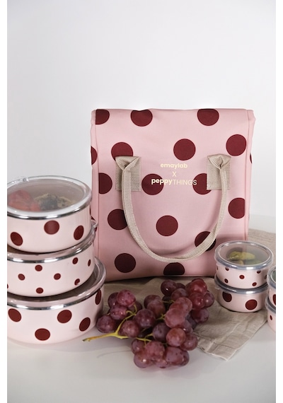 Emaylabxpeppythings Cherry 3 Lü Set Emaye Saklama Kabı, Emaye Kahvaltılık & Termal Taşıma Çantası 10 Litre Pembe - Bordo