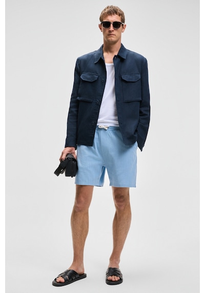 Grimelange LEYTON Erkek Relaxed Fit Çift Cepli Beli Lastikli Keten Karışımlı Dokuma Mavi Şort & Bermuda