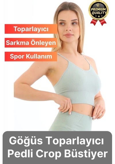 Svein Göğüs Toparlayıcı Sarkma Önleyen Gündelik Spor Kullanım İnce İp Askılı Pedli Çizgili Crop Büstiyer Mint