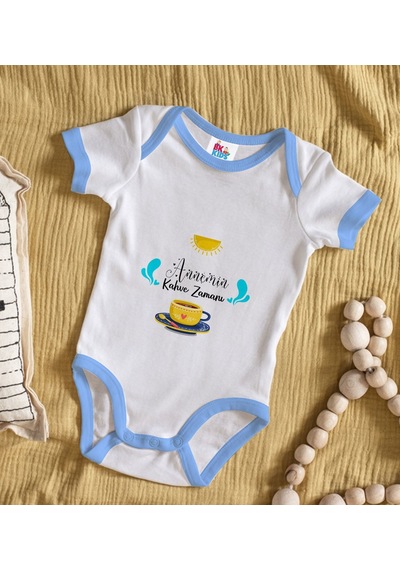Bk Gift Bk Kids Annemin Kahve Zamanı Tasarımlı Mavi Bebek Body Zıbın-1 12-18 Ay