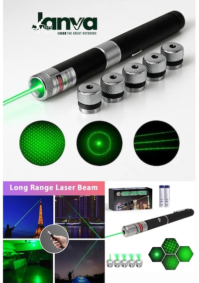 5 Başlıklı Yeşil Lazer Pointer Pilli 50 Km Etkili 5 Başlıklı Siyah