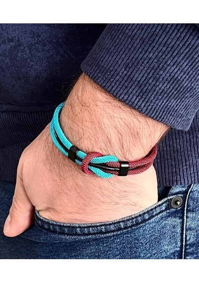 Çift Renkli El Yapımı Taraftar Bilekliği Makrome-%100 Deri Kombin Unisex Bileklik Net 21 Cm Bordo - Mavi