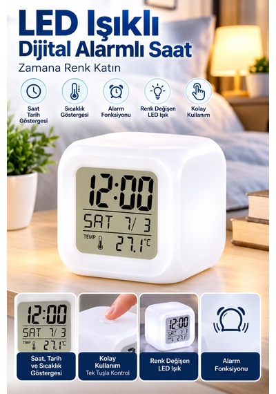 Led Aydınlatmalı Küp Saat Dijital Alarm Tarih Ve Sıcaklık Göstergeli Sarı