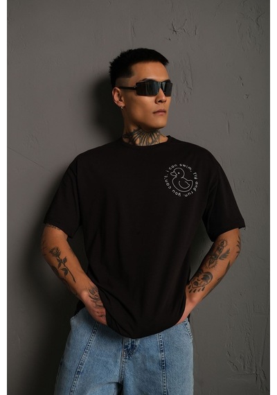 Technomonkey Unisex Siyah Oversize Ördek Baskılı Techno Tişört