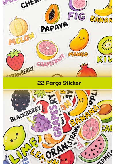 İngilizce Meyveler Sticker Paketi 22 Parça Kaliteli Su Geçirmez Etiket Seti Çok Renkli