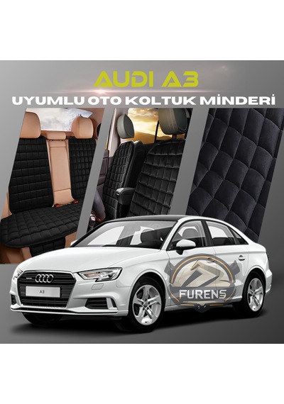 Audi A3 Siyah Renk Tay Tüyü Cepli & Terletmez Sırtlı Oto Koltuk Minder Seti - Koltuk Koruma Kılıfı Ön & Arka Tam Set