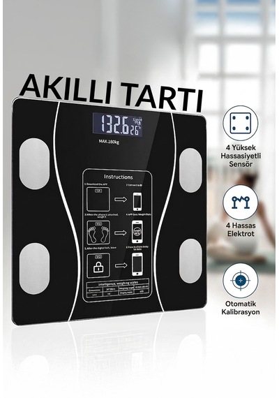 Genz Bilişim Dijital Tartı Baskül Yağ Su Kas Vücut Kitle Endeksi Kilo Ölçer Tartı Siyah
