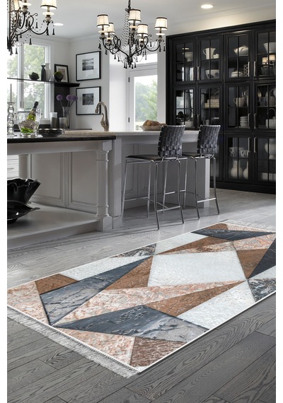 Alanur Home Kaymaz Dijital Mutfak & Salon Halı Trend Saçaklı Geometrik E5028 Renkli
