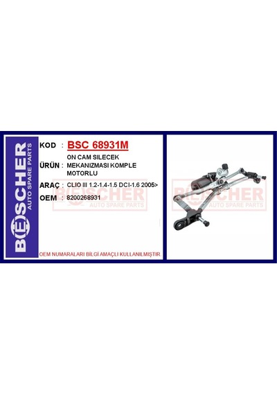 Bescher Ön Cam Silecek Mekanizması Motorlu Renault Clıo Iıı 05 Bsc 68931m 8200268931