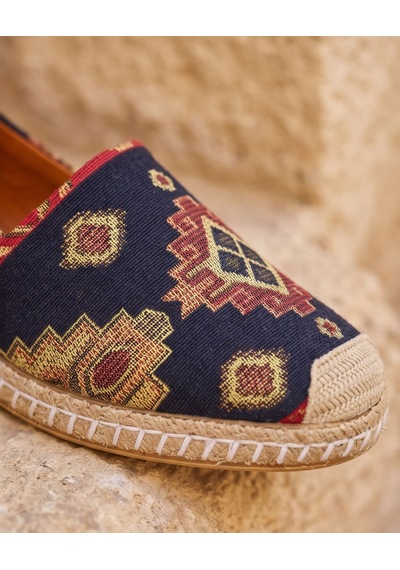 Futsishoes Vıola Lacivert Hakiki Deri Kilim Desenli Kadın Etnik Desen Espadril Ayakkabı