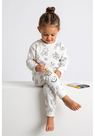 Minipomes Yıkanabilir Boya Hediyeli Colorbook Uzun Kol Çocuk Pijama Takım Beyaz