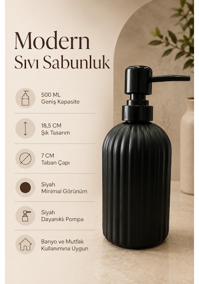 Vovy Çizgili Cam Sabunluk 500 Ml Siyah Pompalı Modern Sıvı Sabun Ve Deterjan Dispenseri - 18,5 Cm X 7 Cm