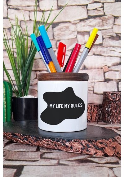 My Lıfe My Rules Baskılı Seramik Kalemlik Masaüstü Düzenleyici Beyaz