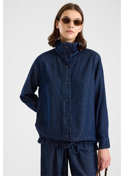 Olcay Büzgü Detaylı Soft Denim Ceket Pantolon İkili Takım Lacivert 9472-tk