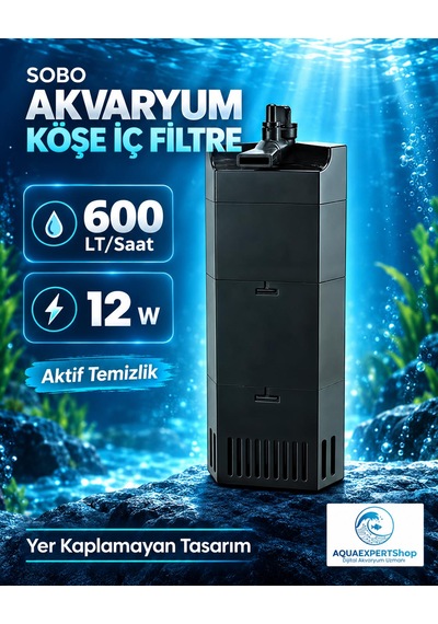 Sobo Akvaryum Köşe İç Filtre - Aktif Temizlik - 600 Lt/saat - 12w - Yer Kaplamayan Tasarım - Siyah