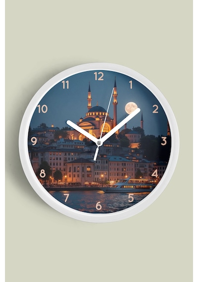 İstanbul Boğazı Ve Cami Manzaralı Modern Duvar Saati - 42cm - Önü Camlı Beyaz Kasa Beyaz