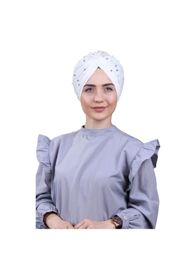 Melodi Scarf Kadın Tesettür İncili Taşlı Vera Dış Bone Beyaz Beyaz