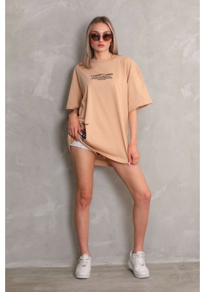 Wear Vexel Kadın Bisiklet Yaka Baskılı Oversize Kısa Kol T-shirt - Bej Bej