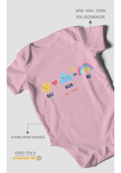 Morivokids Dad Mom Me Sweet Family Kısa Kollu Bebek Body %100 Pamuk Koyu Pembe