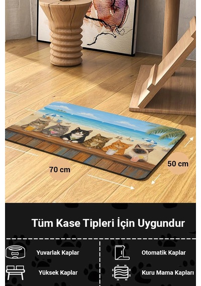 Matgo Pati Kedi Köpek Beslenme Matı 50x70cm Su Geçirmez Mama Kabı Altlığı Paspası Pati Beach Club