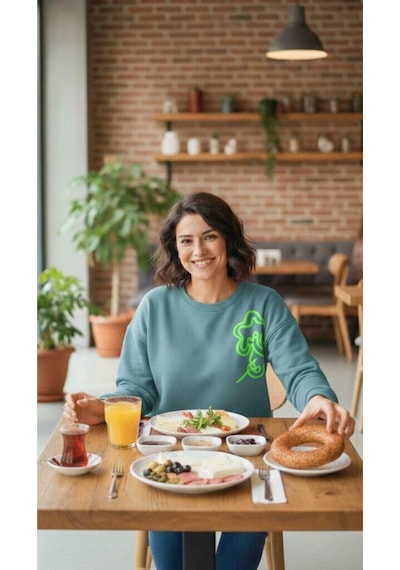 Diagonel Kumaş Çiçek İşlemeli Sweatshirt Yeşil Yeşil
