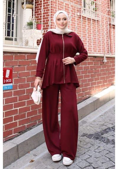 Balenbi Kadın Oversize Kesim Beli Pileli Ful Fermuarlı Modal Takım 1235 Bordo
