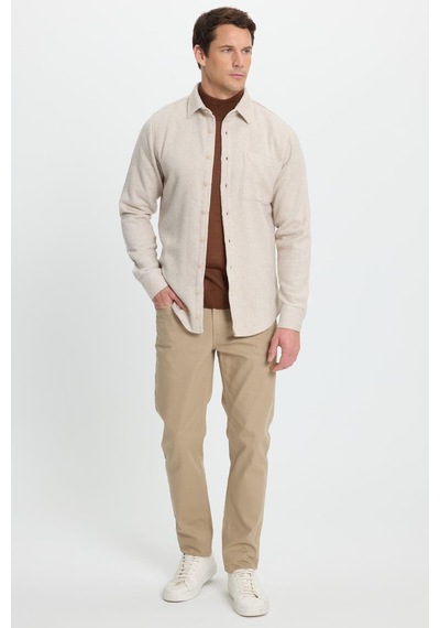 Tudors Erkek Slim Fit Dar Kesim Armürlü Oduncu Cepli Spor Yaka Ekru Gömlek-41858 Ekru