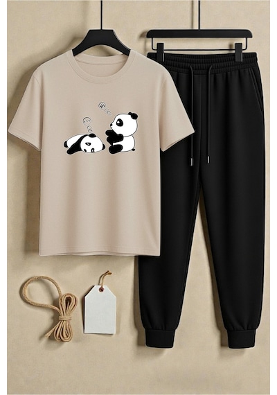 Uyguntarz Unisex Sleep Panda Baskılı Tasarım Tişört - 2'li Eşofman Takımı Bej