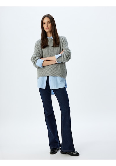 Koton İspanyol Paça Normal Bel Skinny Fit Düğmeli Kot Pantolon - Flare Jean Koyu İndigo 5wal40189md Dark Indigo İndigo