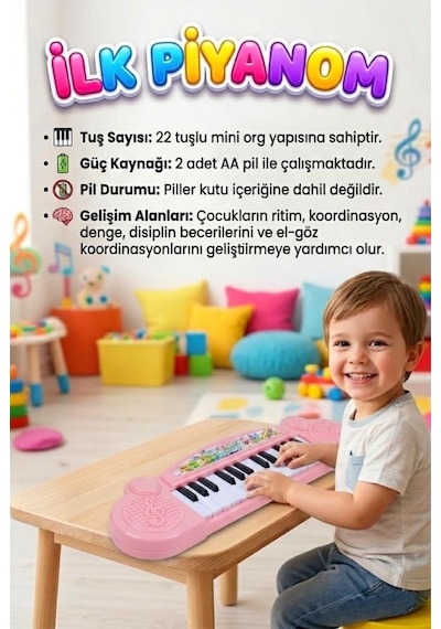 Küçük Elektronik Piyanom Sesli Pilli 22 Tuşlu Taşınabilir Eğlenceli Oyuncak Piyano Pembe