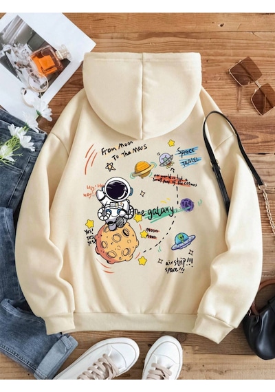 Startmore Bej Unisex Kadın/erkek Galaxy Renkli Özel Baskılı Pamuklu Oversize Kapüşonlu