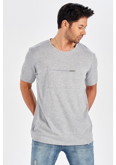 Peraluna Ön Orta Fermuarlı Düz Kesim Açık Gri Erkek T-Shirt-Gri