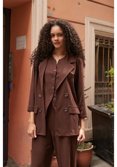 Kadın Süet Dokulu Kumaş Yakalı Capri Kol Cep Kapaklı Blazer Ceket-kahve Kahve