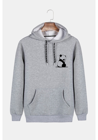 Unisex Gri Kapüşonlu Panda Baskılı Slim Fit Kanguru Cepli Sweatshirt Gri