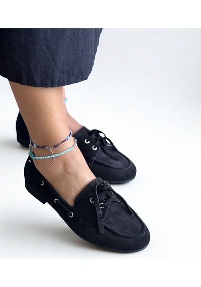 Ne&ve Shoes Siyah Süet Hakiki Deri Bağcıklı Makosen Kadın Kolej Loafer