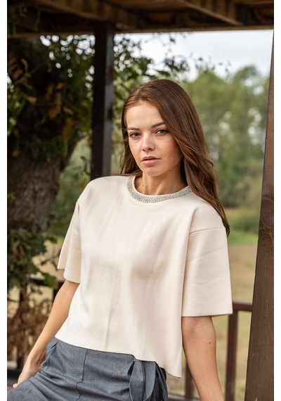 Verdeblanco Taşlı Yaka Basic Bluz Krem Krem