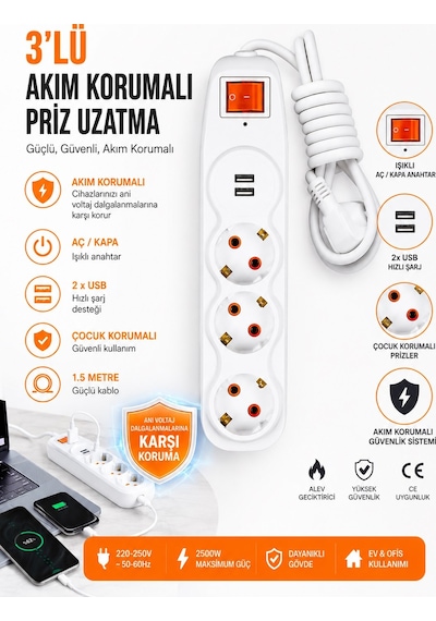 3'lü Akım Korumalı Priz Uzatma Kablosu 1,5 Metre 2 Usb Girişli, Işıklı Anahtarlı, Çocuk Korumalı Çoklu Priz 1,5 m
