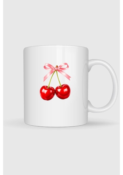 Cherry Kiraz Ve Kurdale Tasarımlı Kupa Bardak Beyaz