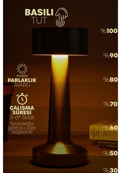 Şarjlı Dokunmatik Masa Lambası Metal 3 Işık Parlaklık Ayarlı Gece Masa Üstü Lamba Gold A3 Gold