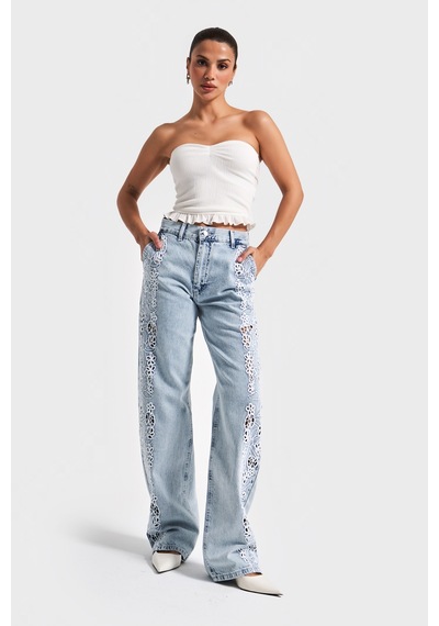 Itsbasic Kadın Snow Kot Rengi 3s5-3 Dantel Nakışlı Loose Fit Orta Bel İç Boy 83 Cm Tasarım Denim Jean