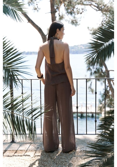 Mai Collection Mai Studios Co. Cadhas Boyundan Bağlamalı Kahve Crop Pantolon Takım Kahve